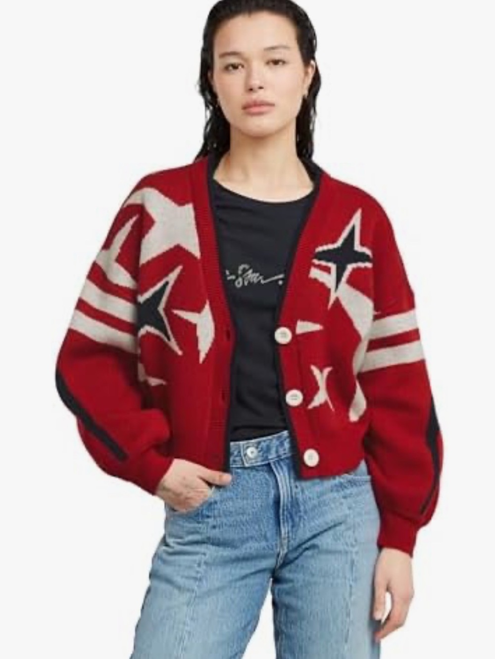 G-Star Red White Star Pattern Button Cardigan Size Medium NWT